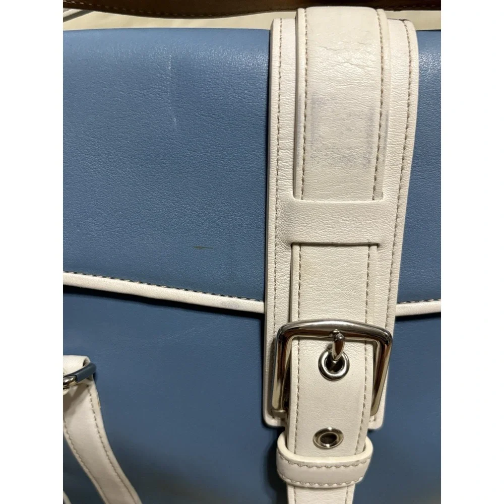 Coach Hamptons Magnetic Flap Satchel Blue White Leather Bag Purse Y2K Vintage